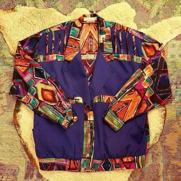 Vtg 1980s Purple Abstract Print Bold Geometric Statement Jacket Sz S Rockabilly - Picture 1 of 6